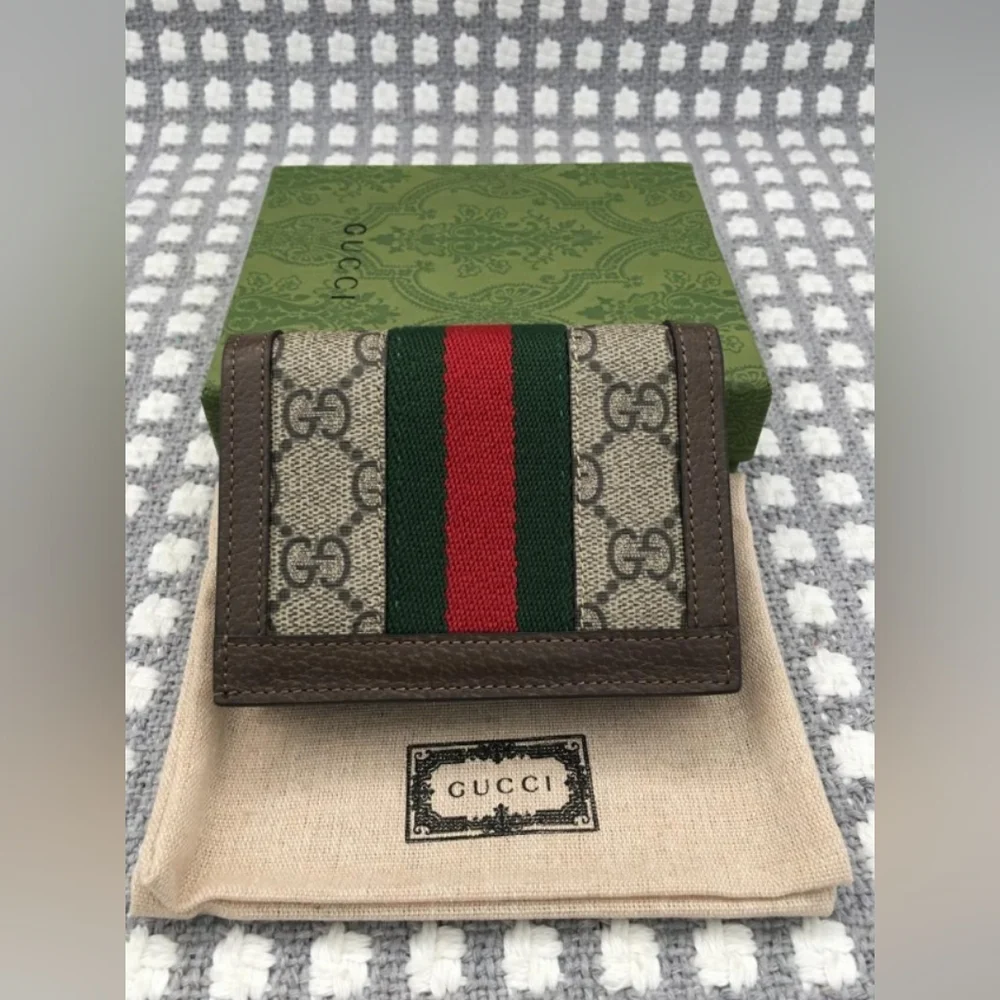 Gucci GG Supreme Bi-fold Card Wallet with Web Stripe - Brown/Beige/Green/Red
